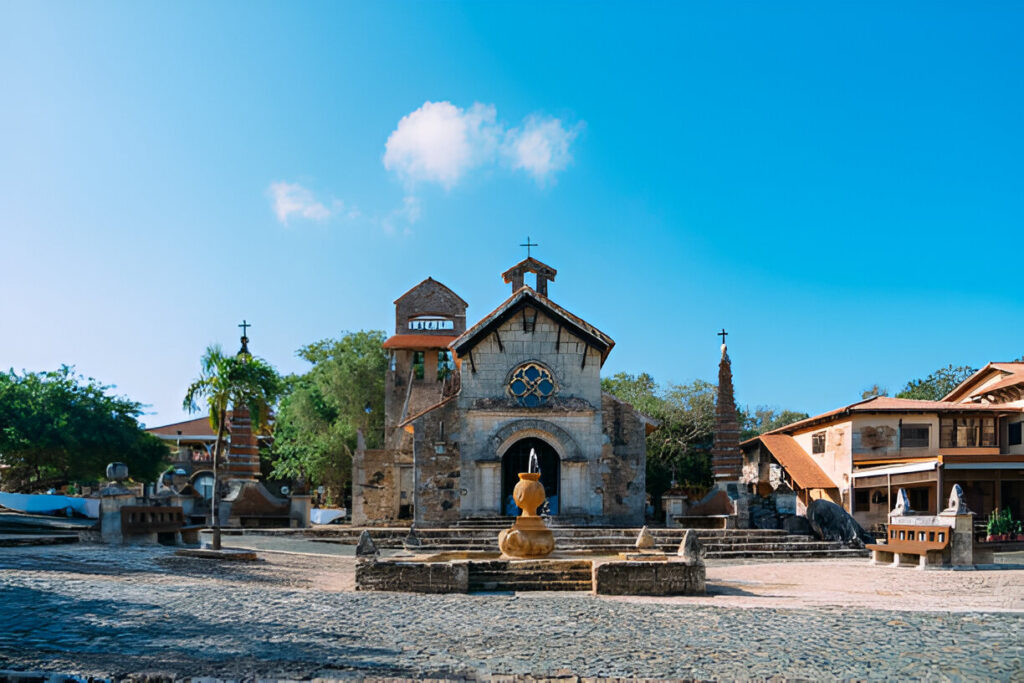 Cobblestone streets and Mediterranean-style buildings at Altos de Chavón in Punta Cana
